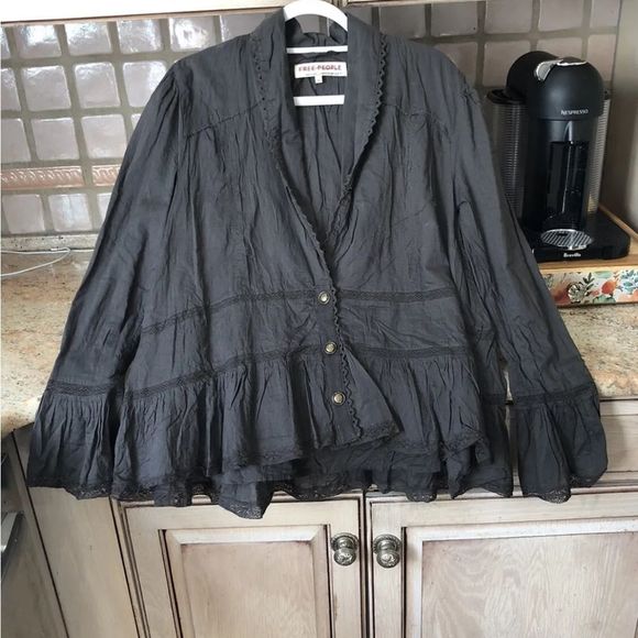Free People Selma Bed Jacket Tiered Lace Trim Ruffled Cuffs Washed Black - Picture 5 of 5